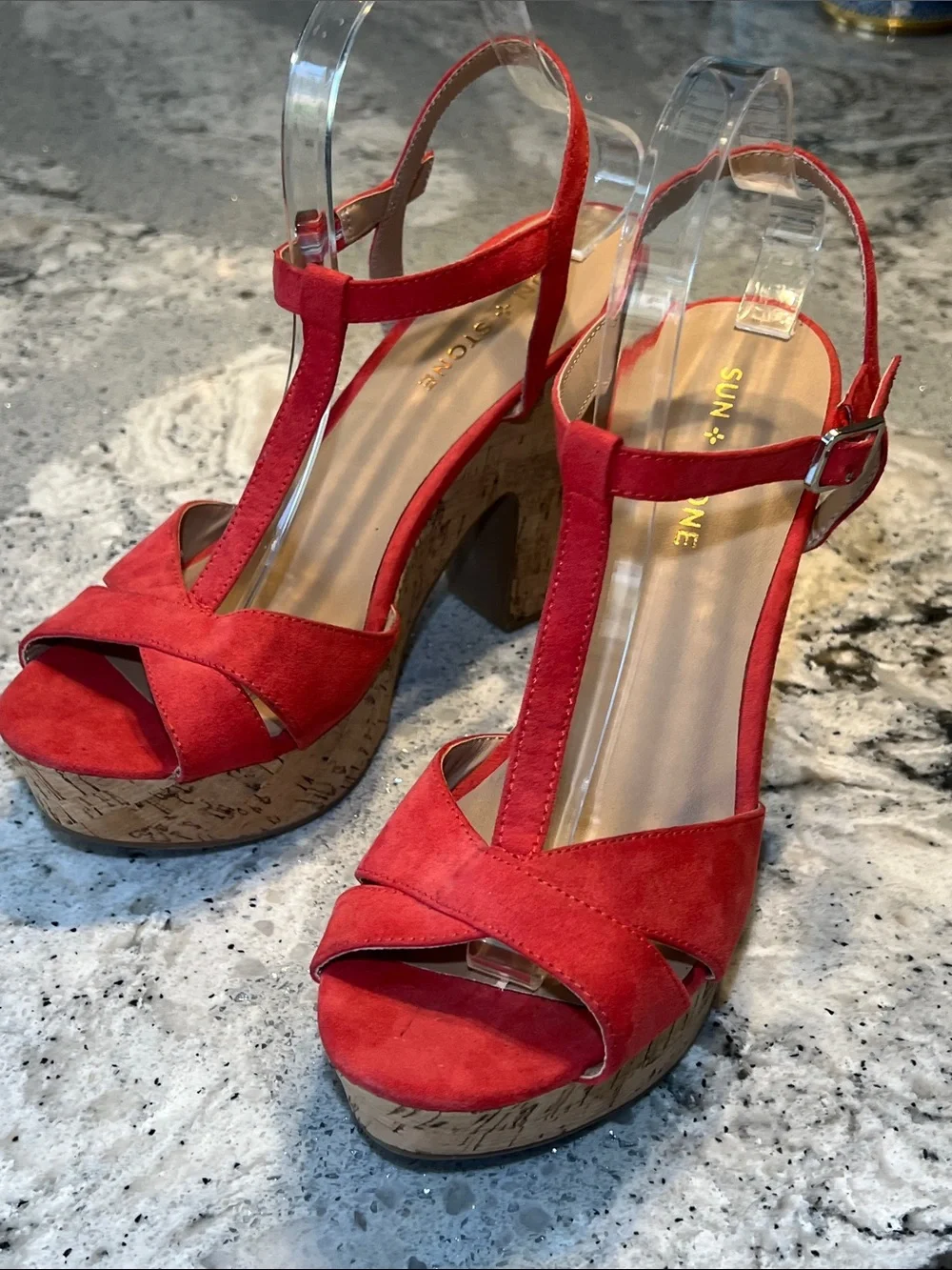 SUN + STONE Jamie T-Strap Platform Sandals Red Coral Cork Block Heel Size 9.5